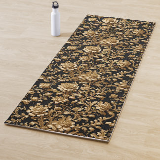 Tapis De Yoga Élégance en mouvement : Noir & Or Baroque Floral