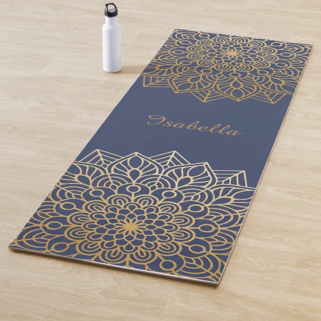 Tapis De Yoga Elégant bleu et or Mandala Personnaliser (En situation)