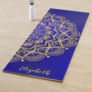 Tapis De Yoga Élégant bleu foncé et or Mandala Monogramme