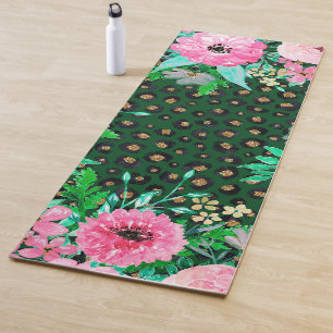 Tapis De Yoga Elégant Empreinte de léopard et rose Floral Desi