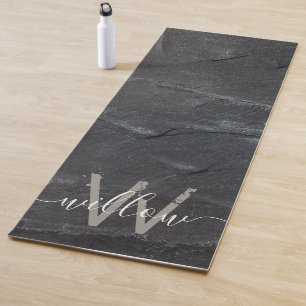 Tapis De Yoga Élégant Gris de Charbon Stone Script Monogramme