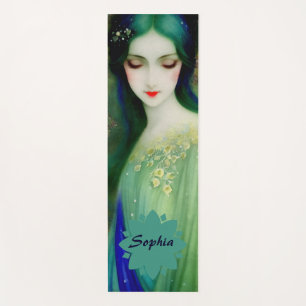Tapis De Yoga Élégant Imaginaire Portrait femme en vert et bleu