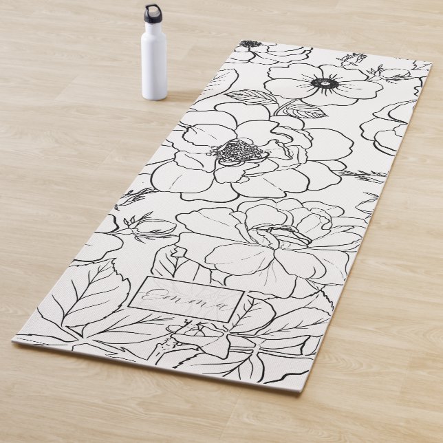 Tapis De Yoga Elégant noir blanc Rose ligne art floral (En situation)
