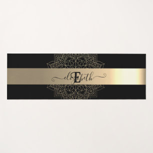 Tapis De Yoga Élégant Noir moderne Grille d'or floral Mandala