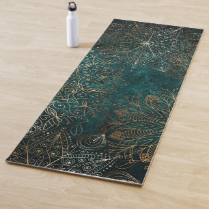 Tapis De Yoga Elégant or et Turquoise vert Floral Mandala Motif