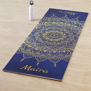 Tapis De Yoga Elégant or sur Deep Blue Floral Henna Mandala