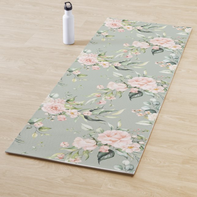 Tapis De Yoga Élégant rose rose Eucalyptus Sage Vert (En situation)