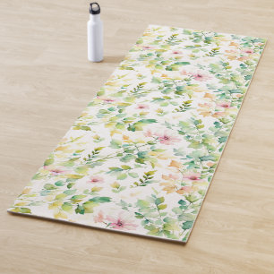 Tapis De Yoga Elégant vert fleurs sauvages d'aquarelle