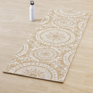 Tapis De Yoga Elégante Fleur d'hiver or Mandala Motif blanc