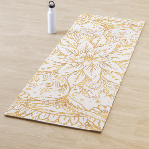 Tapis De Yoga Elégante Fleur Or Mandala Design Blanc
