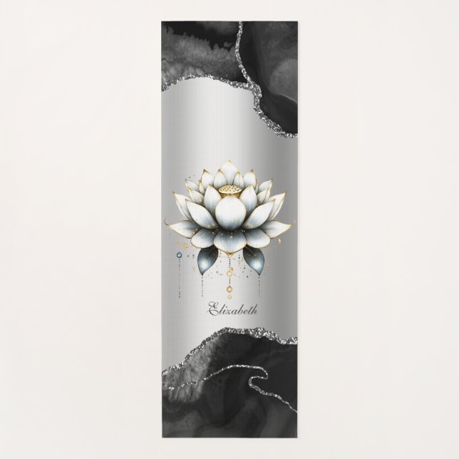 Tapis De Yoga Elégante Parties scintillant en marbre noir Lotus  (Devant)