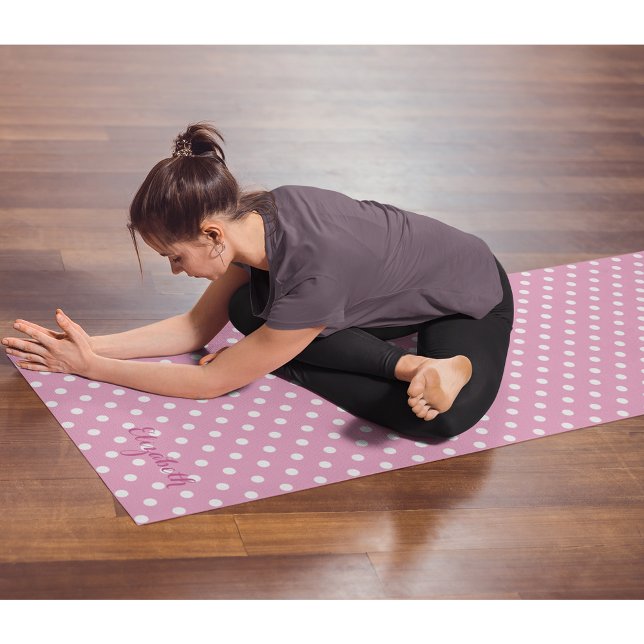 Tapis De Yoga Exercice Monogramme Pois rose blanc rétro chic (Pink White Retro Chic Polka Dots Monogram Exercise Yoga Mat)