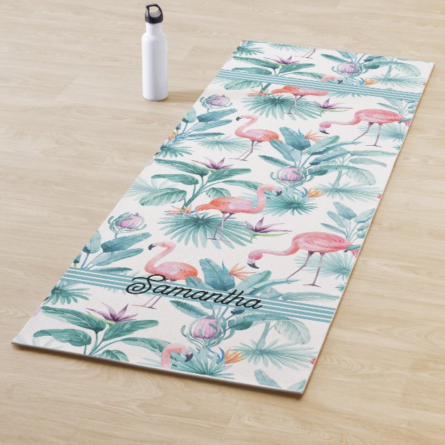 Tapis De Yoga Flamants roses tropicaux feuille motif (En situation)