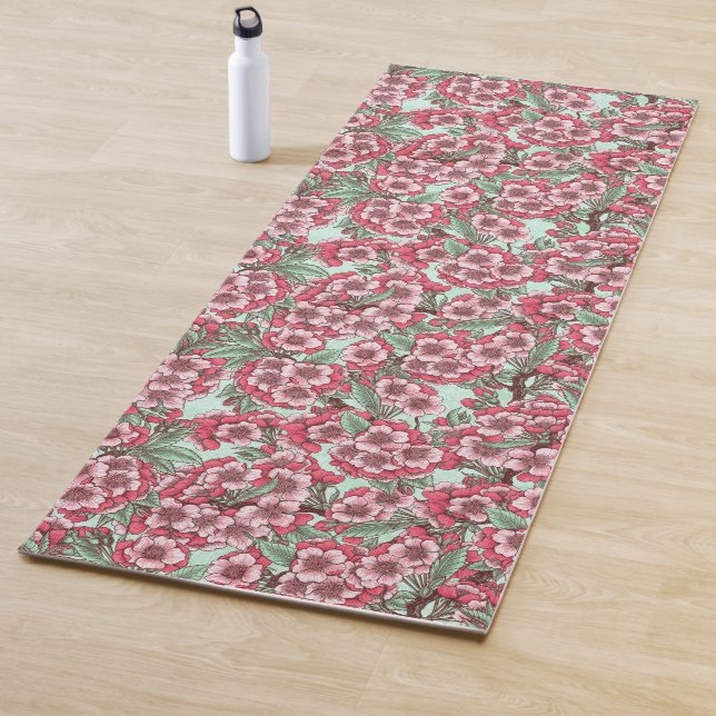 Tapis De Yoga Fleur de cerisier rose et menthe (En situation)