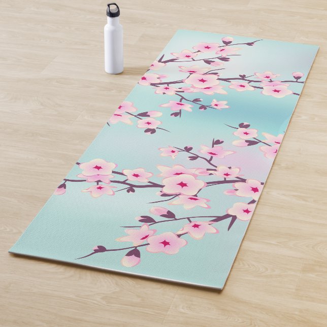 Tapis De Yoga Fleur de cerisier rose Turquoise (En situation)