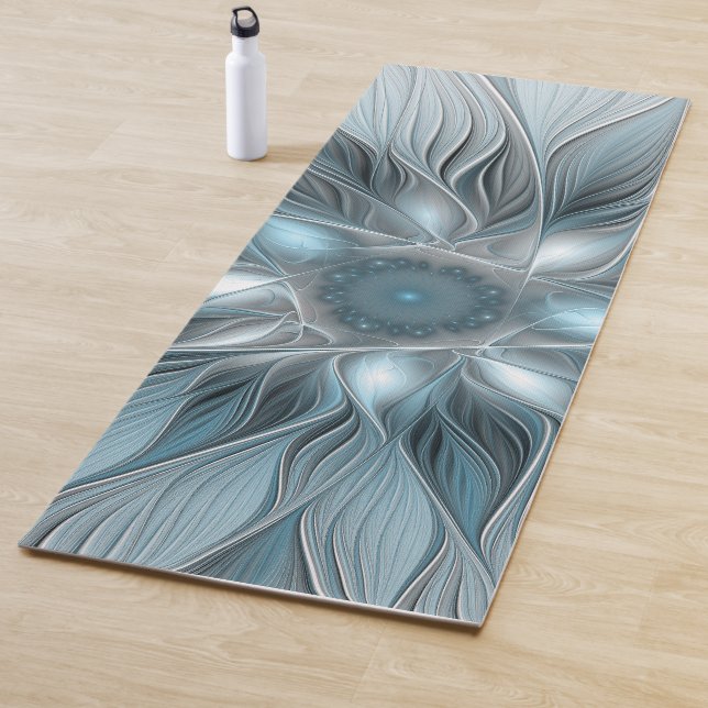 Tapis De Yoga Fleur Joyeuse Abstrait gris bleu floral Fractal (En situation)