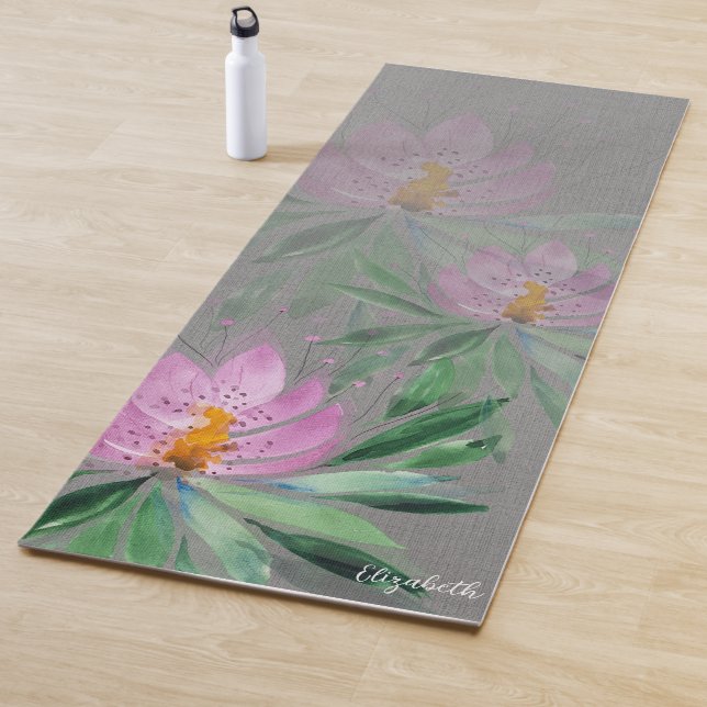 Tapis De Yoga Fleurs Bloom Violet Aquarelle Monogramme (En situation)