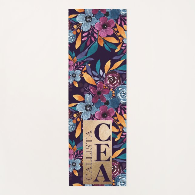 Tapis De Yoga Fleurs d'aquarelle de la moutarde de la marine de  (Devant)