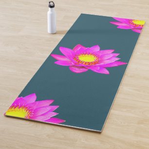 Tapis De Yoga Fleurs de Lotus rose magenta sur Mat de Yoga Bleu