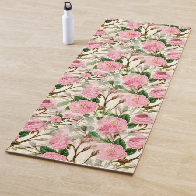 Tapis De Yoga Fleurs de pivoines roses, Feuilles & Buds Motif (En situation)