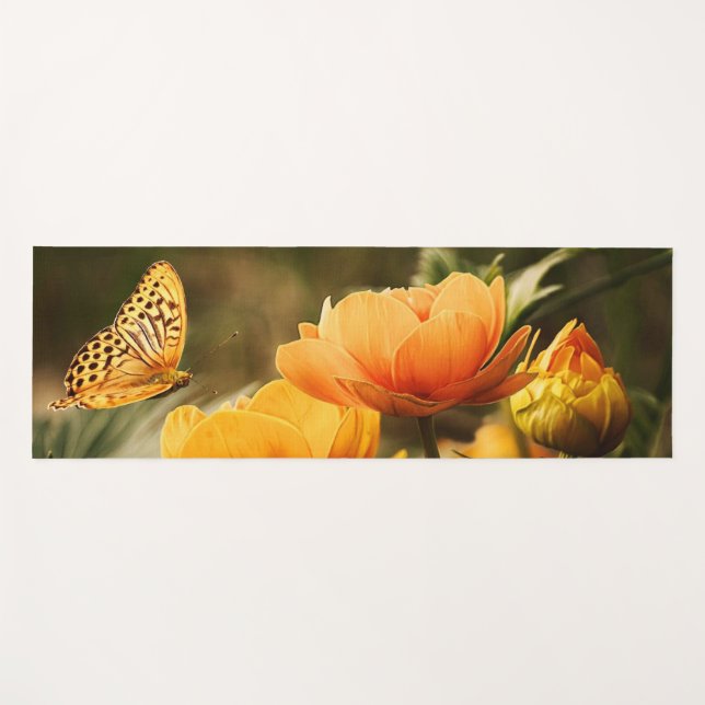 Tapis De Yoga Fleurs Jaunes Profondes et Lumineuses avec Papillo (Devant (Horizontal))