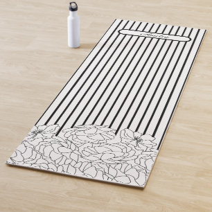 Tapis De Yoga Fleurs noires et blanches avec bandes