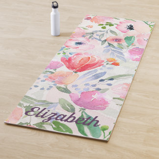 Tapis De Yoga Fleurs pastel rose aquarelle avec nom