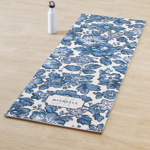 Tapis De Yoga Floral de Boho bleu avec nom et monogramme