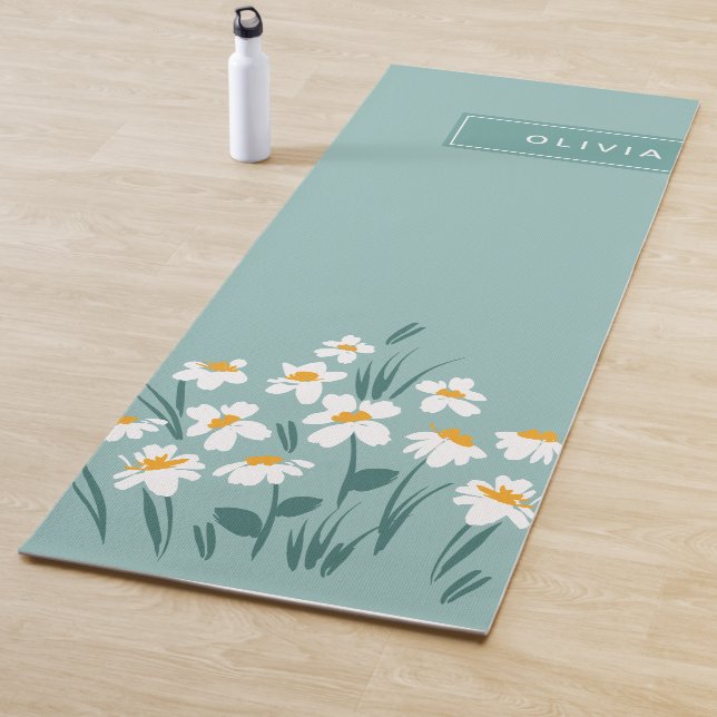 Tapis De Yoga Floral moderne marguerite bleu girly élégant éléga (En situation)