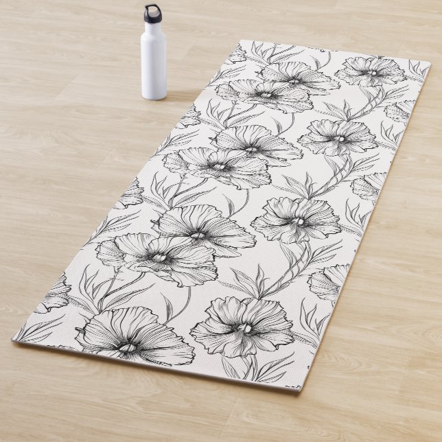 Tapis De Yoga Floral moderne noir et blanc Élégant (En situation)