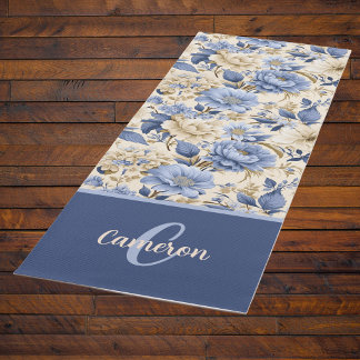Tapis De Yoga French Country Blue Floral Peonies Roses Monogram