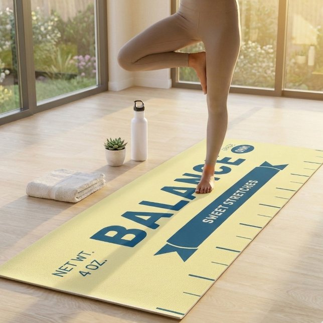 Tapis De Yoga Funny "Balance" Butter Stick Personalized Yellow  (Personalize this stick of butter BALANCE yoga mat for yourself or for an unforgettable gift)