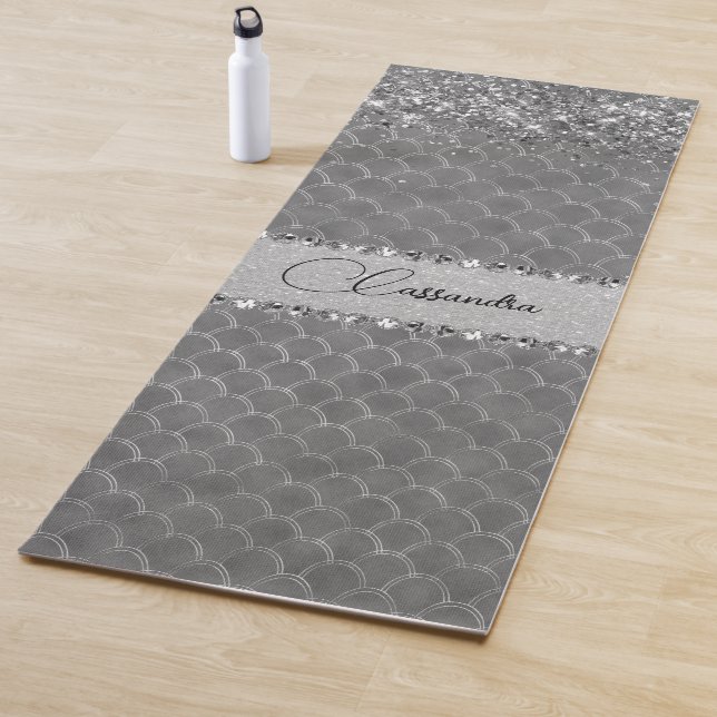 Tapis De Yoga Glam Silver Glitter Diamond Bling (En situation)