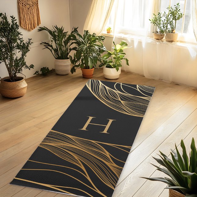 Tapis De Yoga Gold and Black Modern Pattern Monogram (Créateur téléchargé)