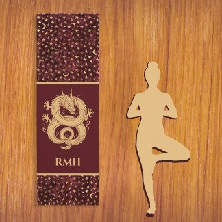 Tapis De Yoga Gold Dragon on Burgundy with Stars Moon Monogram 