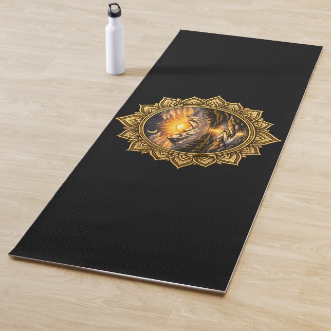 Tapis De Yoga Golden Boho Mandala Mountain Sunset Art | Black (En situation)