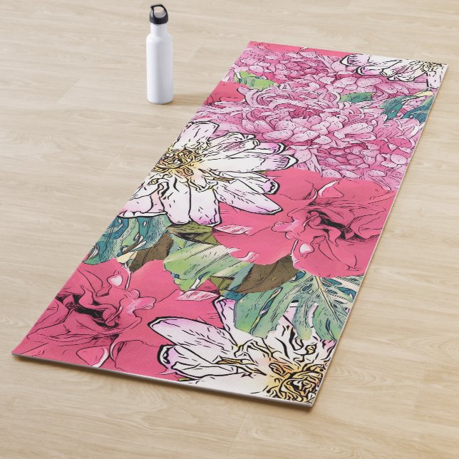 Tapis De Yoga Illustration florale rose et verte de la fille mig (En situation)