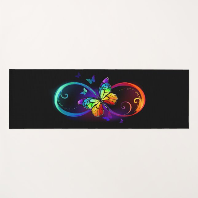 Tapis De Yoga Infini vibrant avec papillon arc-en-ciel sur noir  (Devant (Horizontal))