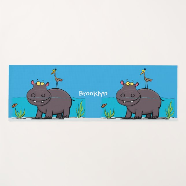 Tapis De Yoga Ippopotame drôle mignon avec dessin animé d'oiseau (Devant (Horizontal))