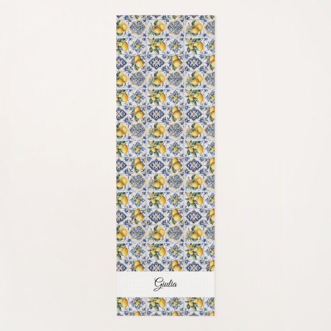 Tapis De Yoga Italien Amalfi bleu carreaux blancs citrons (Devant)