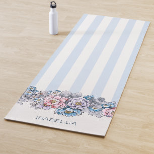 Tapis De Yoga Joli rose et bleu Fleurs et bandes avec nom
