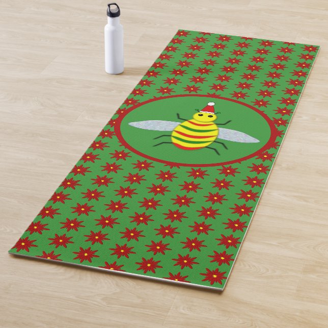 Tapis De Yoga Jolie abeille de Noël et fleurs de Poinsettia (En situation)