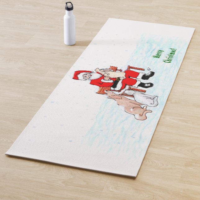 Tapis De Yoga Joyeux Noël! Père Noël avec chat et chien (En situation)