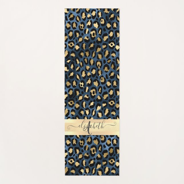 Tapis De Yoga Léopard Motif bleu or Monogramme (Devant)