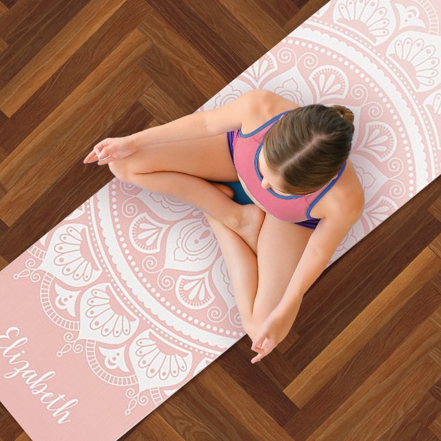 Tapis De Yoga Magnifique Pink Mandala Exercise Yoga Mat (A pretty pink and white mandala yoga exercise mat. Personalize it with your name.)