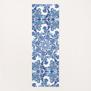 Tapis De Yoga Mandala aux fleurs et aux feuilles en blues