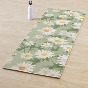 Tapis De Yoga Marguerites blanches sur fond vert sauge