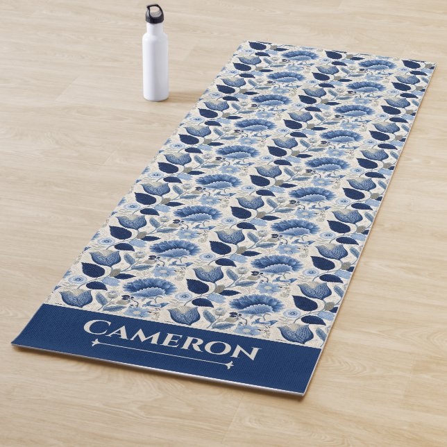 Tapis De Yoga Midnight Delft Garden Vintage Botanique Bleu (En situation)