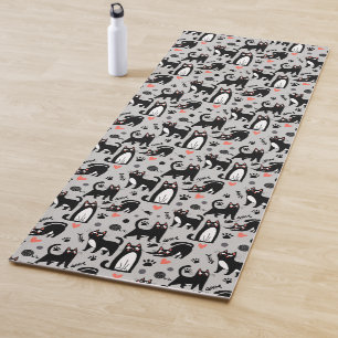 Tapis De Yoga Mignon motif sans couture de chat noir sur fond gr