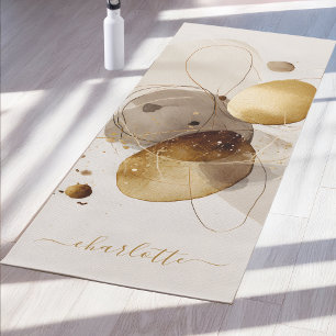 Tapis De Yoga Minimaliste Abstrait Aquarelle Beige Or Personnali